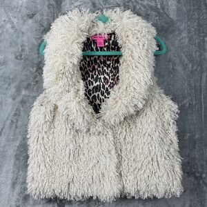 Betsey Johnson Faux Fur Shaggy Vest‎ Womens Medium Ivory Boho Y2K Snap Front